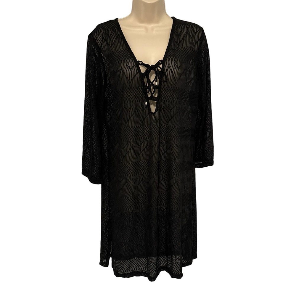 J Valdi Black Patterned Sheer Swim Coverup Size XL Deep V‎ Front With Tie
